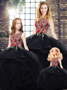 Black Bateau Lace Up Beading and Embroidery Quinceanera Gowns Sleeveless