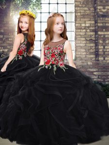 Sleeveless Embroidery and Ruffles Zipper Girls Pageant Dresses with Black Sweep Train