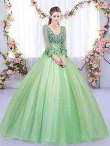 V-neck Long Sleeves Lace Up Sweet 16 Quinceanera Dress Green Tulle