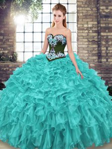 Glorious Sweep Train Ball Gowns Quinceanera Gown Turquoise Sweetheart Organza Sleeveless Lace Up
