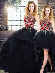 Floor Length Black Ball Gown Prom Dress Tulle Sleeveless Beading and Embroidery