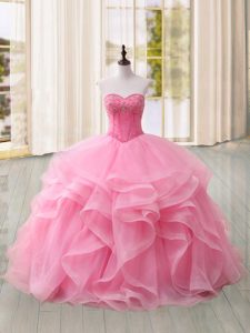 Vintage Sleeveless Tulle Sweep Train Lace Up Quince Ball Gowns in Pink with Beading and Ruffles