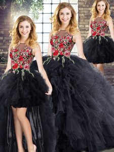 Black Zipper Scoop Embroidery and Ruffles Quinceanera Gowns Sleeveless