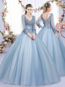 Blue Long Sleeves Tulle Lace Up Sweet 16 Dress for Military Ball and Sweet 16 and Quinceanera