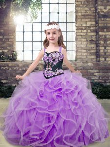 Superior Lavender Kids Pageant Dress Party and Wedding Party with Embroidery and Ruffles Straps Sleeveless Lace Up