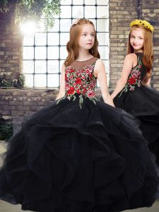 Glorious Sleeveless Tulle Floor Length Zipper Kids Pageant Dress in Black with Embroidery and Ruffles