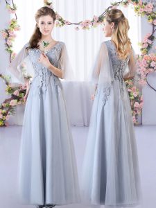 Popular Grey Tulle Lace Up V-neck Sleeveless Floor Length Quinceanera Court Dresses Appliques
