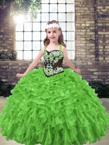 Trendy Straps Neckline Embroidery and Ruffles Pageant Gowns For Girls Sleeveless Lace Up