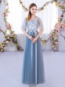 Blue Vestidos de Damas Prom and Party and Wedding Party with Lace V-neck Half Sleeves Lace Up