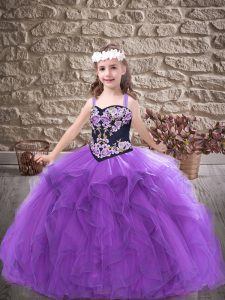 Floor Length Purple Pageant Gowns For Girls Tulle Sleeveless Embroidery and Ruffles