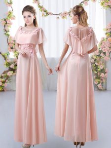 Pink Empire Scoop Short Sleeves Chiffon Floor Length Zipper Appliques Quinceanera Court Dresses