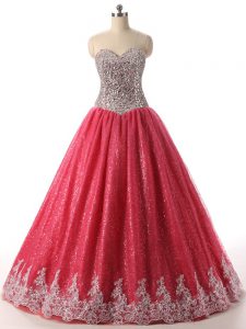 Custom Designed Coral Red Ball Gowns Sequined Sweetheart Sleeveless Beading and Appliques Floor Length Lace Up 15 Quinceanera Dress