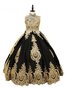 Black Ball Gowns Beading Girls Pageant Dresses Lace Up Satin Sleeveless Floor Length