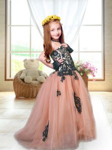 Sleeveless Appliques Lace Up Little Girls Pageant Dress Wholesale with Peach Brush Train
