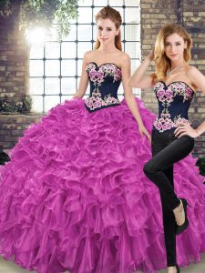 Super Fuchsia Sweetheart Neckline Embroidery and Ruffles Ball Gown Prom Dress Sleeveless Lace Up