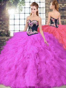 Sleeveless Tulle Floor Length Lace Up 15th Birthday Dress in Fuchsia with Beading and Embroidery