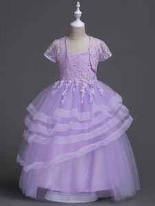 Smart Lavender Sleeveless Appliques and Ruffled Layers Floor Length Flower Girl Dresses for Less