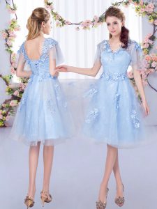 Wonderful Light Blue Short Sleeves Tulle Lace Up Court Dresses for Sweet 16 for Prom and Party and Wedding Party