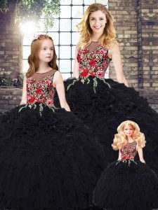 High Class Black Ball Gowns Scoop Sleeveless Organza Floor Length Zipper Embroidery and Ruffles Sweet 16 Dress