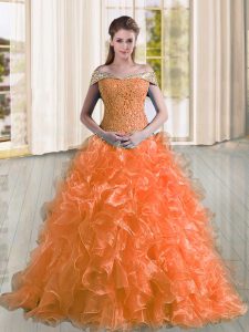 Fantastic Orange 15 Quinceanera Dress Military Ball and Sweet 16 and Quinceanera with Beading and Lace and Ruffles Off The Shoulder Sleeveless Sweep Train Lace Up