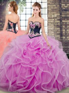 Fashionable Lilac Sweet 16 Quinceanera Dress Military Ball and Sweet 16 and Quinceanera with Embroidery and Ruffles Sweetheart Sleeveless Sweep Train Lace Up