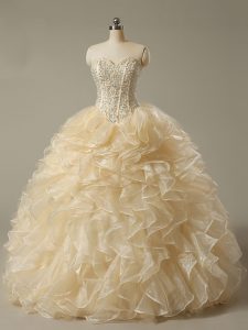 Champagne Lace Up Vestidos de Quinceanera Beading and Ruffles Sleeveless Floor Length