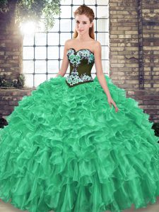 Artistic Green Ball Gowns Embroidery and Ruffles Quinceanera Gown Lace Up Organza Sleeveless