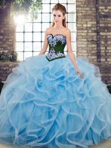 Baby Blue Ball Gowns Embroidery Ball Gown Prom Dress Lace Up Tulle Sleeveless
