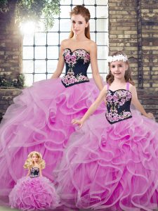 Fancy Sleeveless Sweep Train Lace Up Embroidery and Ruffles Sweet 16 Dresses