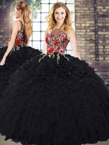 Suitable Black Ball Gowns Embroidery and Ruffles Ball Gown Prom Dress Zipper Organza Sleeveless Floor Length