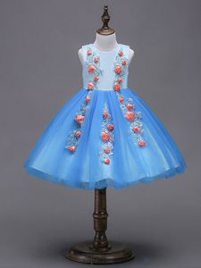 Low Price Blue Ball Gowns Scoop Sleeveless Tulle Mini Length Zipper Hand Made Flower Flower Girl Dresses for Less