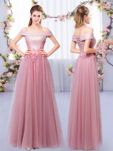 Pink A-line Off The Shoulder Sleeveless Tulle Floor Length Lace Up Appliques Dama Dress