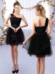 Nice Black A-line Tulle One Shoulder Sleeveless Lace Mini Length Side Zipper Dama Dress