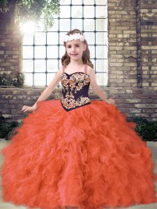 Embroidery and Ruffles Little Girls Pageant Dress Orange Red Lace Up Sleeveless Floor Length