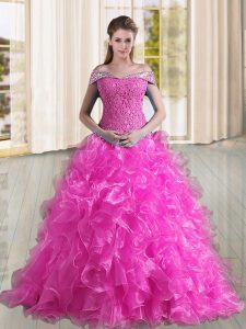 Glamorous Fuchsia Organza Lace Up Off The Shoulder Sleeveless Quinceanera Dress Sweep Train Beading and Lace and Ruffles