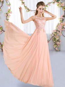 Delicate Chiffon Scoop Sleeveless Lace Up Lace Quinceanera Dama Dress in Peach