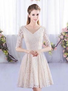 Chic Champagne Empire V-neck Half Sleeves Lace Mini Length Lace Up Quinceanera Court Dresses