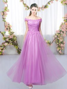 Dynamic Floor Length Lilac Damas Dress Off The Shoulder Sleeveless Lace Up