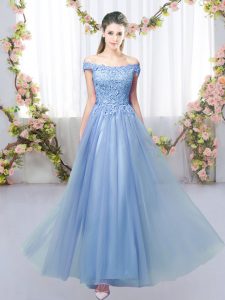 Blue Tulle Lace Up Off The Shoulder Sleeveless Floor Length Quinceanera Dama Dress Lace