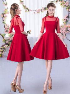 High-neck Half Sleeves Dama Dress Knee Length Ruching Red Satin