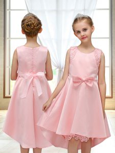 Pretty Pink Scoop Zipper Lace and Bowknot Flower Girl Dress Sleeveless