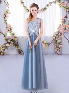 High End Sleeveless Tulle Floor Length Lace Up Quinceanera Court Dresses in Blue with Lace