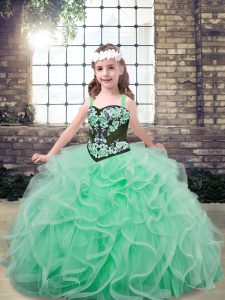 Inexpensive Straps Sleeveless Little Girls Pageant Dress Wholesale Floor Length Embroidery and Ruffles Apple Green Tulle