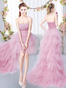 Elegant Pink Sleeveless Beading and Ruffles High Low Vestidos de Damas