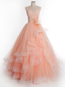 Classical Peach A-line Ruffles Quinceanera Gowns Lace Up Tulle Sleeveless Floor Length