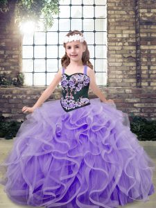 Lavender Ball Gowns Embroidery and Ruffles Kids Pageant Dress Lace Up Tulle Sleeveless Floor Length