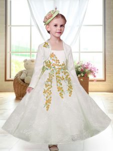 High End White Zipper Straps Embroidery Flower Girl Dress Lace Sleeveless