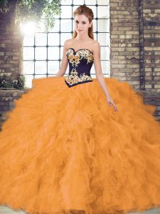 Dynamic Orange Ball Gowns Sweetheart Sleeveless Organza Floor Length Lace Up Beading and Embroidery Quinceanera Gowns