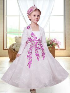 Unique White A-line Embroidery Flower Girl Dress Zipper Lace Sleeveless Ankle Length