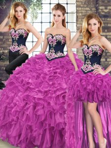 Suitable Sleeveless Sweep Train Embroidery and Ruffles Lace Up Quinceanera Gowns